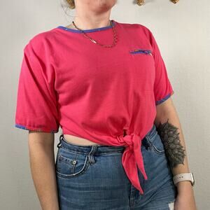 Vintage 62 East Pink Tie-Front Crop Top with Multi-color Border Size Small